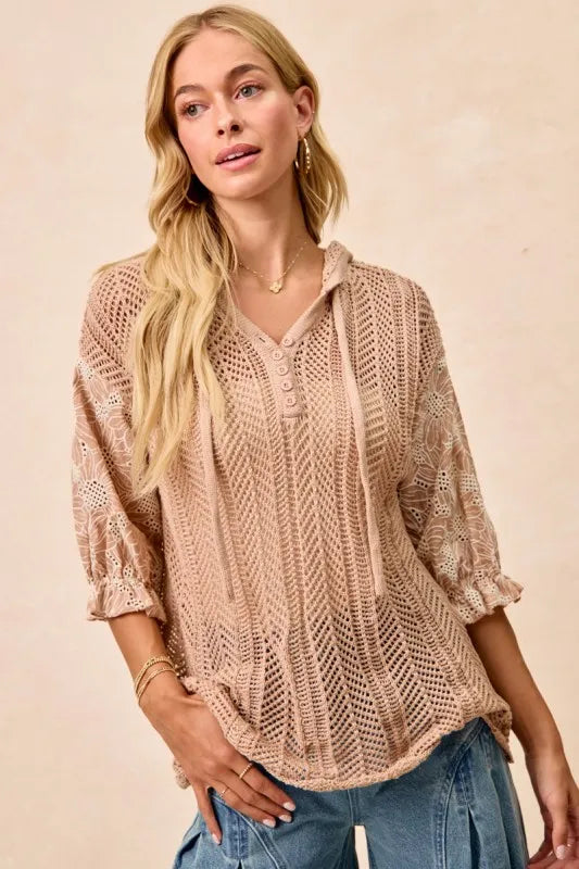 BiBi Jacquard Flower Puff Sleeve Hooded Knit Top