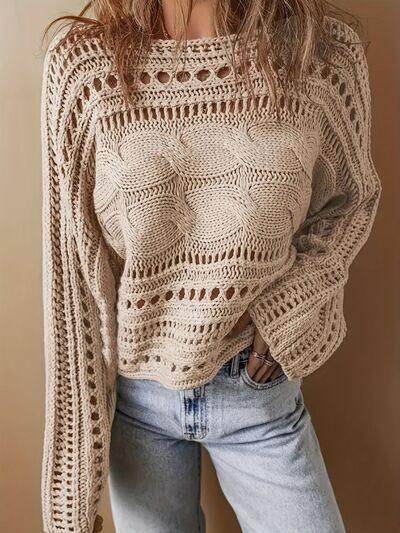 Hollow Out Cable-Knit Boat Neck Sweater for Women