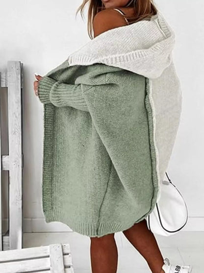 Two-Tone Open Front Knit Hooded Cardigan