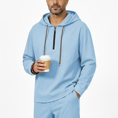 Mens Linen Hooded Half-Zip Sweatshirt