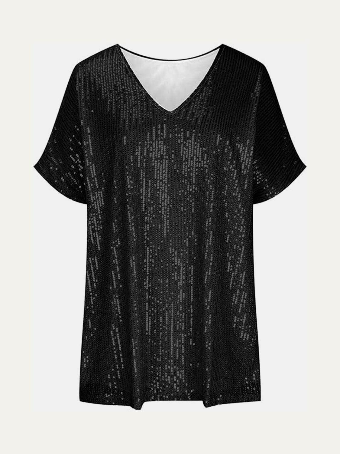 Full Size Sequin V-Neck Short Sleeve Top for Women
