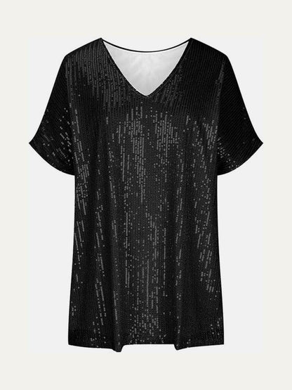 Full Size Sequin V-Neck Short Sleeve Top for Women