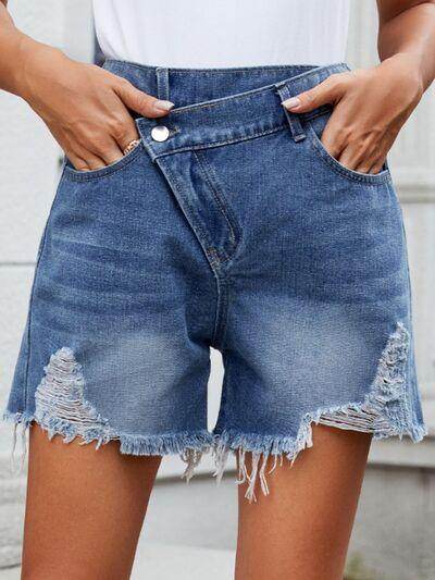 Distressed Raw Hem Asymmetric Waist Denim Shorts for Women