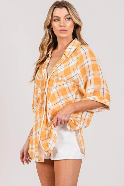 SAGE + FIG Plaid Button Up Side Slit Shirt for Women