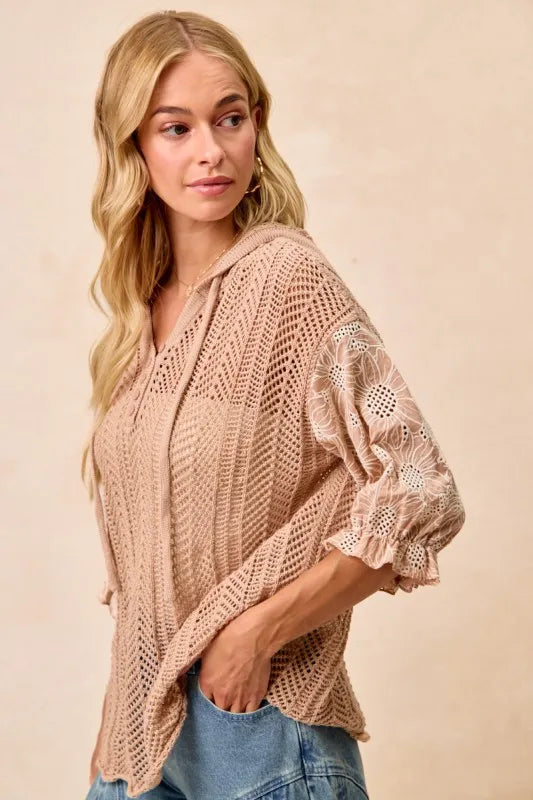 BiBi Jacquard Flower Puff Sleeve Hooded Knit Top