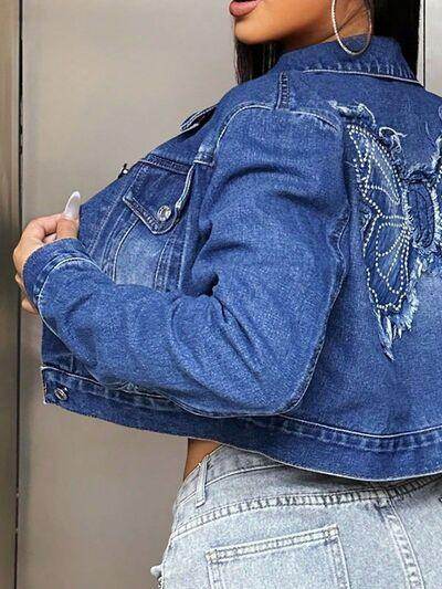 Butterfly Patch Long Sleeve Cropped Denim Top For Women