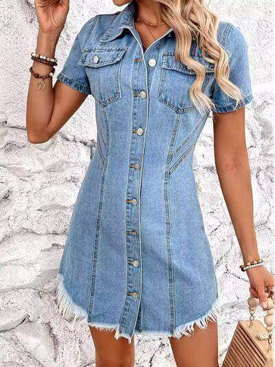 Raw Hem Button Up Short Sleeve Denim Dress for Women