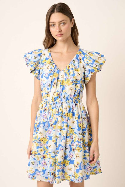 New Summer Floral V-Neck Cap Sleeve Mini Dress For Women – Charming Floral Print Mini Dress with V-Neckline and Cap Sleeves