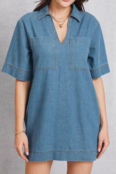 Stylish Pocketed Collared Neck Mini Denim Dress for Women
