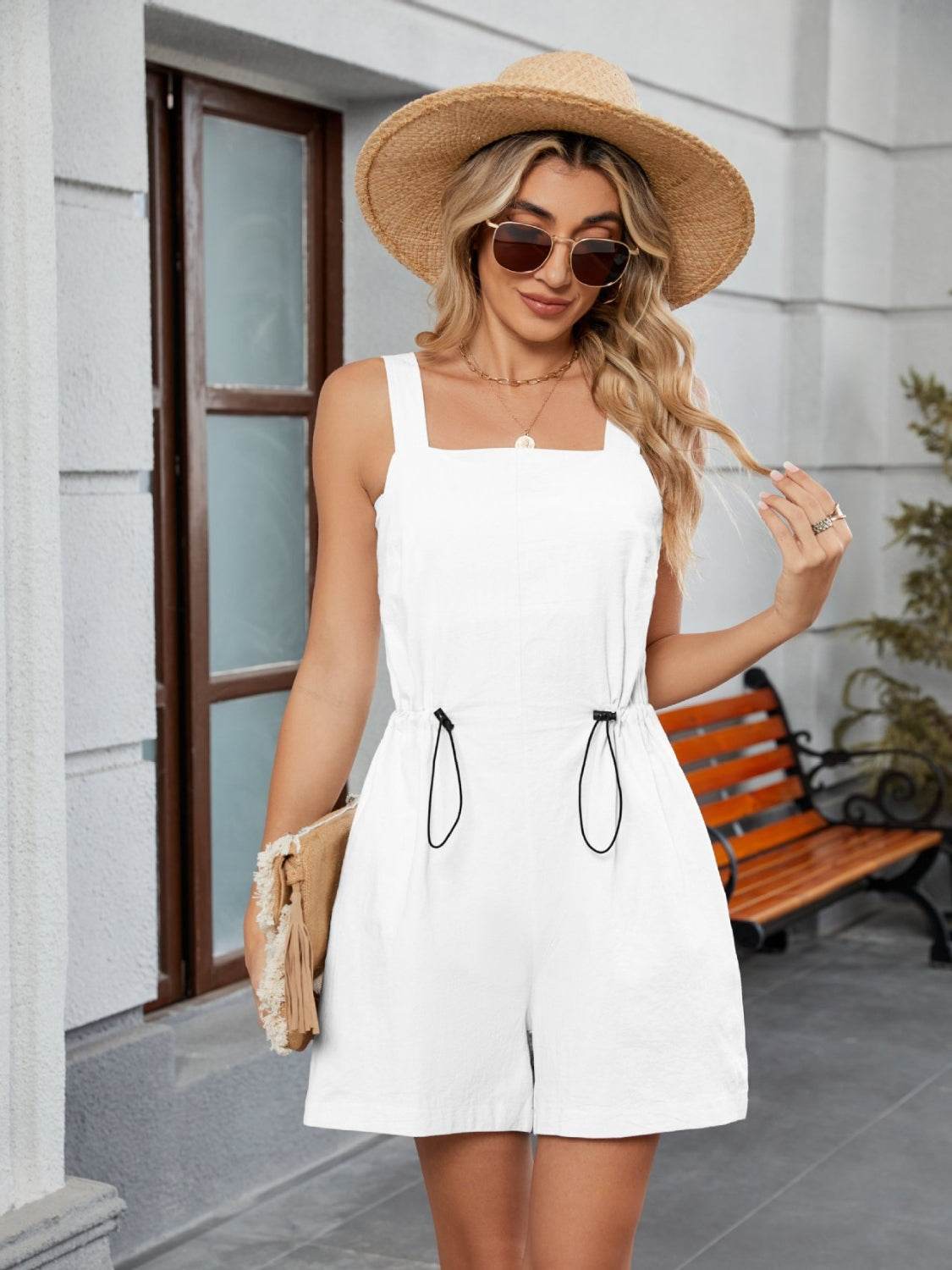 Drawstring Wide Strap Romper with Pockets
