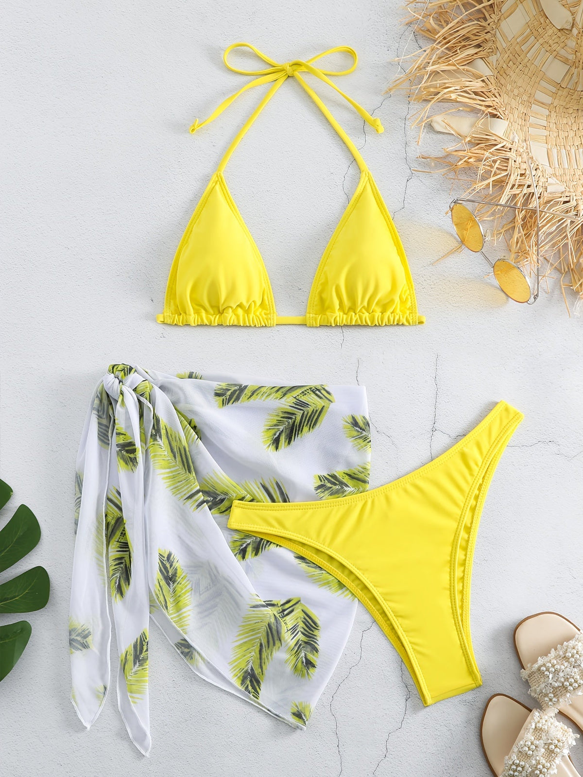Feather Luxe 3-Piece Bikini Set – Exotic Feather Print Halter Neck Backless Swimsuit with High Cut Tie Back Bottoms and Wrap Cover-Up – Women’s High-Stretch Comfortable Swimwear for Summer Beach &amp; Pool Vacations