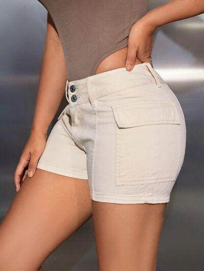 Mid-Rise Waist Denim Shorts with Pockets for Women