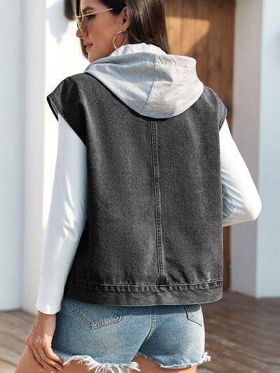 Drawstring Button Up Sleeveless Denim Jacket for Women