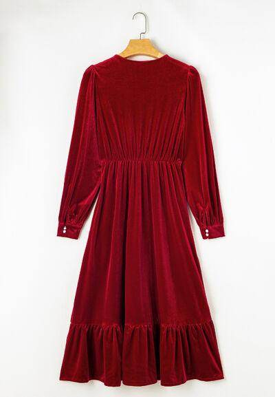 Ruffle Hem Slit V-Neck Long Sleeve Dress for Women