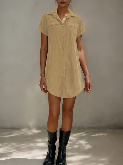 Independent Site Cross-Border Foreign Trade Retro Casual Corduroy Shirt Dress Loose Slimming Short-Sleeve Turn-Down Collar Dress Women&