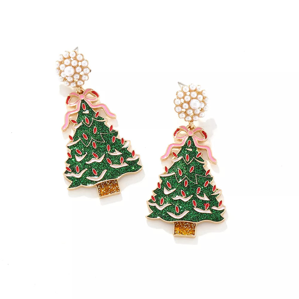 Christmas Tree Dangle Earrings with Pearl