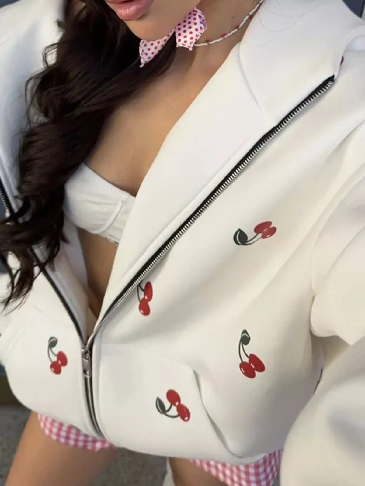 Cherry Print Oversized Zip-Up Hoodie