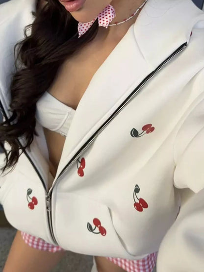 Cherry Print Oversized Zip-Up Hoodie