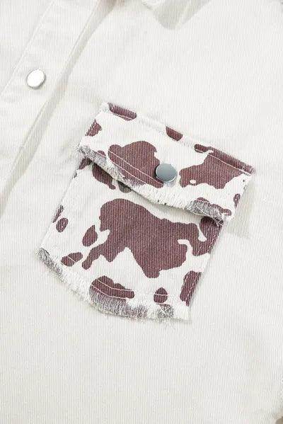 Raw Hem Animal Print Long Sleeve Denim Jacket for Women