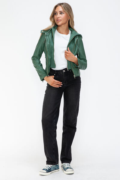 Women Classic Snobbish Faux Leather Zip-Up Drawstring Hooded Jacket Edgy &amp; Casual PU Leather Jacket For Streetwear
