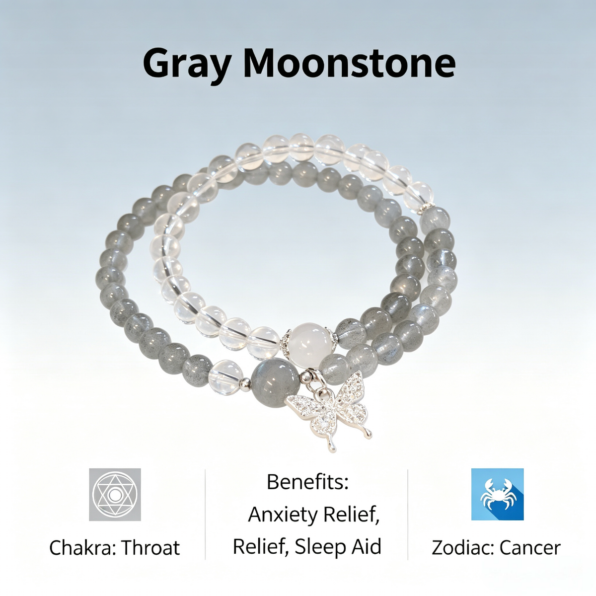 Gray Moonstone Throat Chakra Bracelet - Anxiety Relief &amp; Sleep Aid