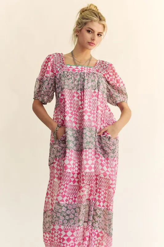 Davi &amp; Dani Multi Floral Square Neck Puff Sleeve Maxi Dress