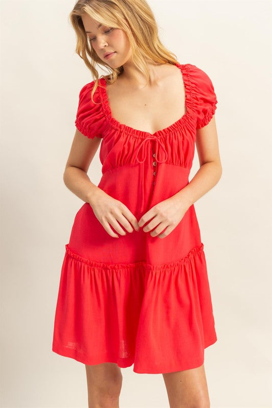New Summer Ruched Frill Tiered Short Sleeve Mini Dress For Women – Playful, Sexy and Flirty Ruffled Mini Dress with Textured Ruched Detail