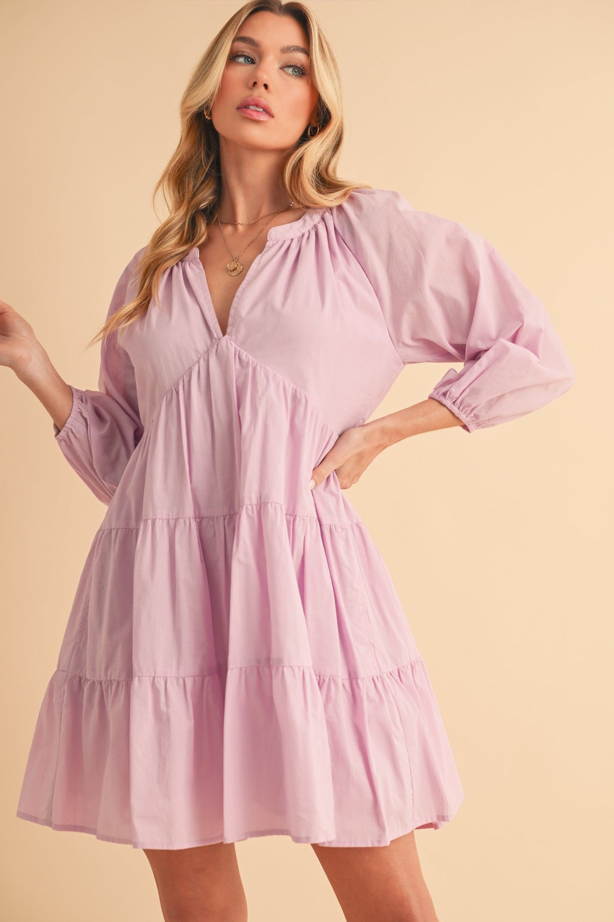 Notched Balloon Sleeve Tiered Mini Dress For Women–Trendy, Chic Style with Modern Balloon Sleeves, Tiered Layers for a Playful &amp; Flirty Look