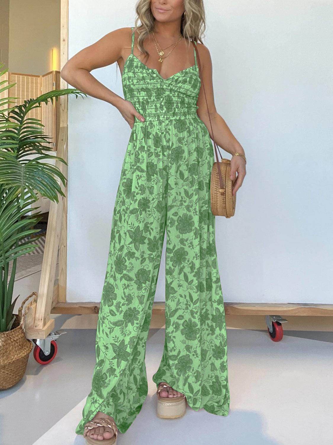 Full Size Printed Spaghetti Strap Wide Leg Jumpsuit for Women