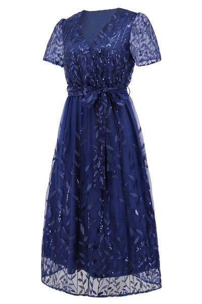 Sequin Leaf Embroidery Tie Front Short Sleeve Dress for Women