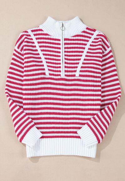 Striped Half Zip Mock Neck Long Sleeve Sweater for Women