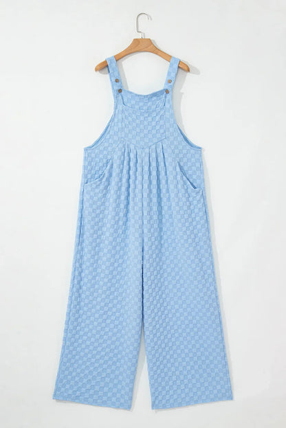 Beige Checkered Pocket High Waist Wide Leg Overall