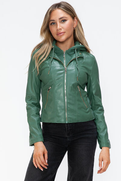 Women Classic Snobbish Faux Leather Zip-Up Drawstring Hooded Jacket Edgy &amp; Casual PU Leather Jacket For Streetwear