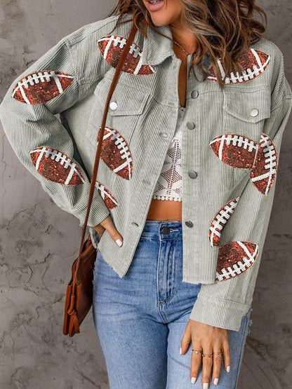 Football Sequin Button Up Dropped Shoulder Jacket for Women