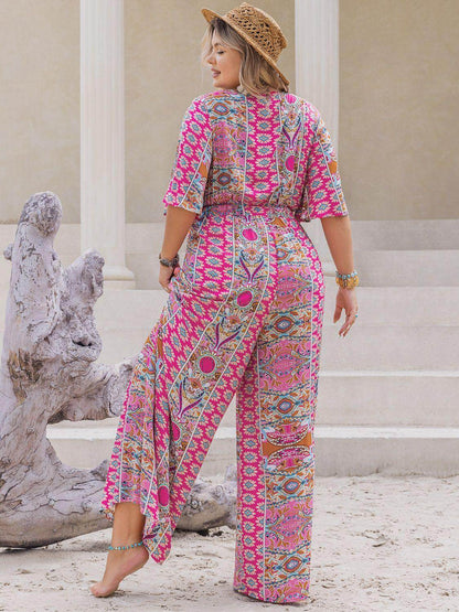 Plus Size Printed Half Sleeve Wide Leg Jumpsuit for Women