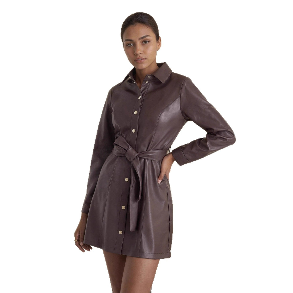 Belted Long-sleeve Leather Trench Fashionable Women&