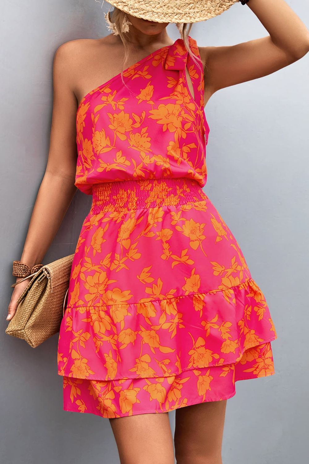Pink Smocked Printed Single Shoulder Dress Feminine &amp; Flattering Summer Style Dresses