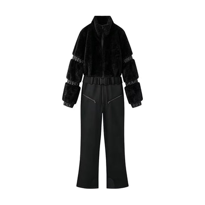Down-filled Fur Patchwork Zip-up Thickened Fluffy Ski Jumpsuit