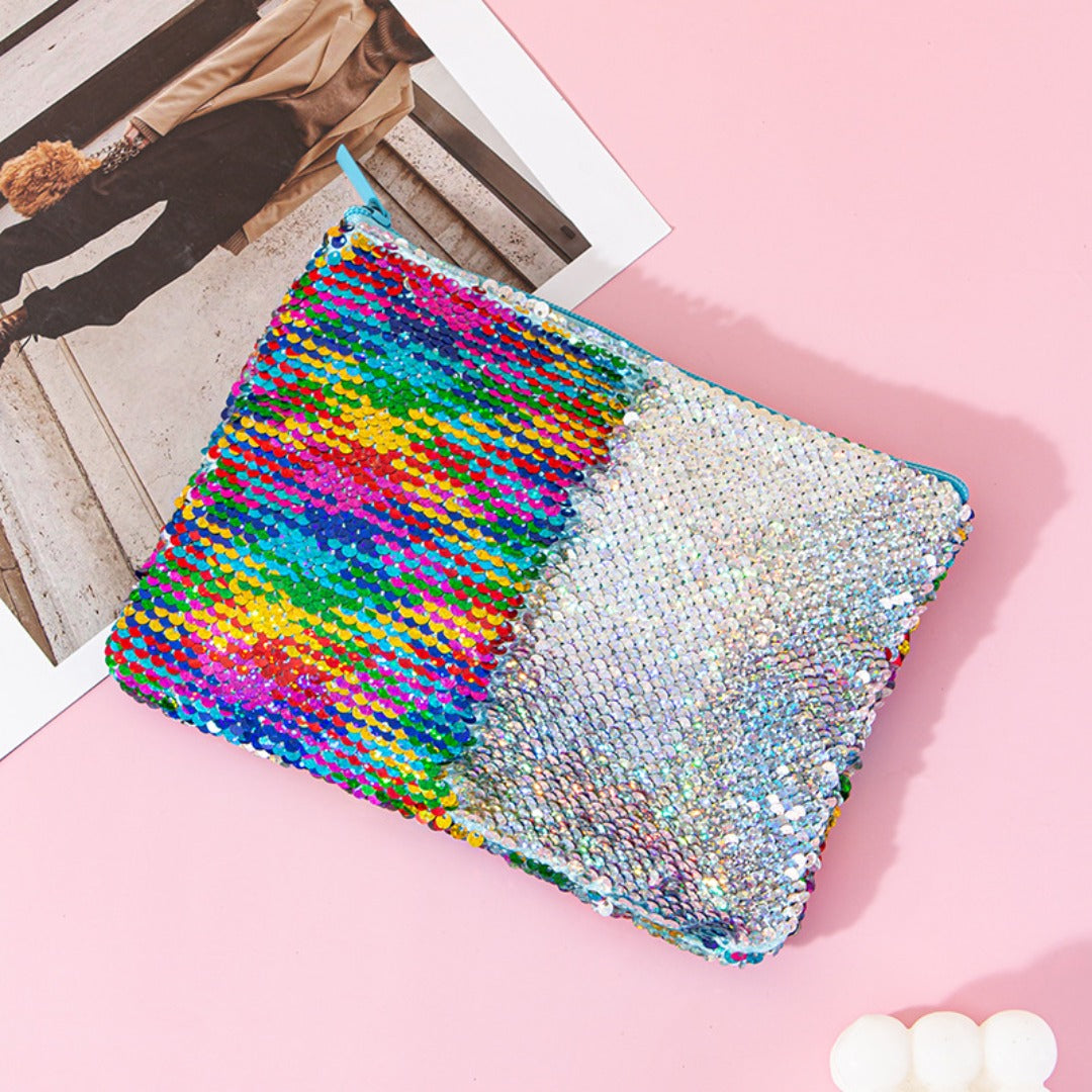 Mermaid sequined pencil case, two-color stationery storage bag, portable cosmetics change purse, small purse