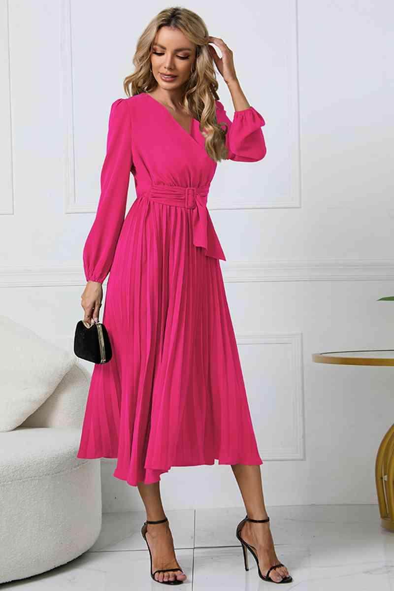 V-Neck Long Sleeve Tie Waist Midi Dress for Women