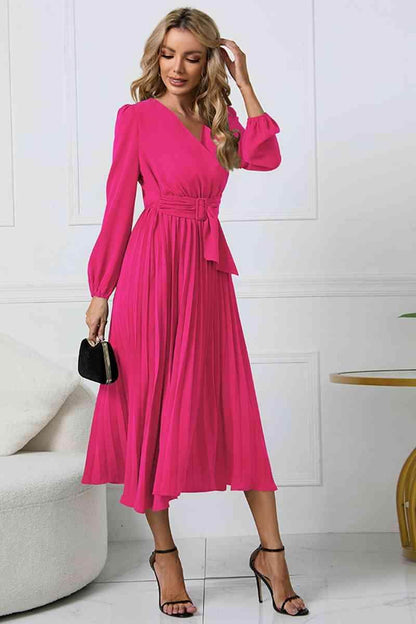 V-Neck Long Sleeve Tie Waist Midi Dress for Women