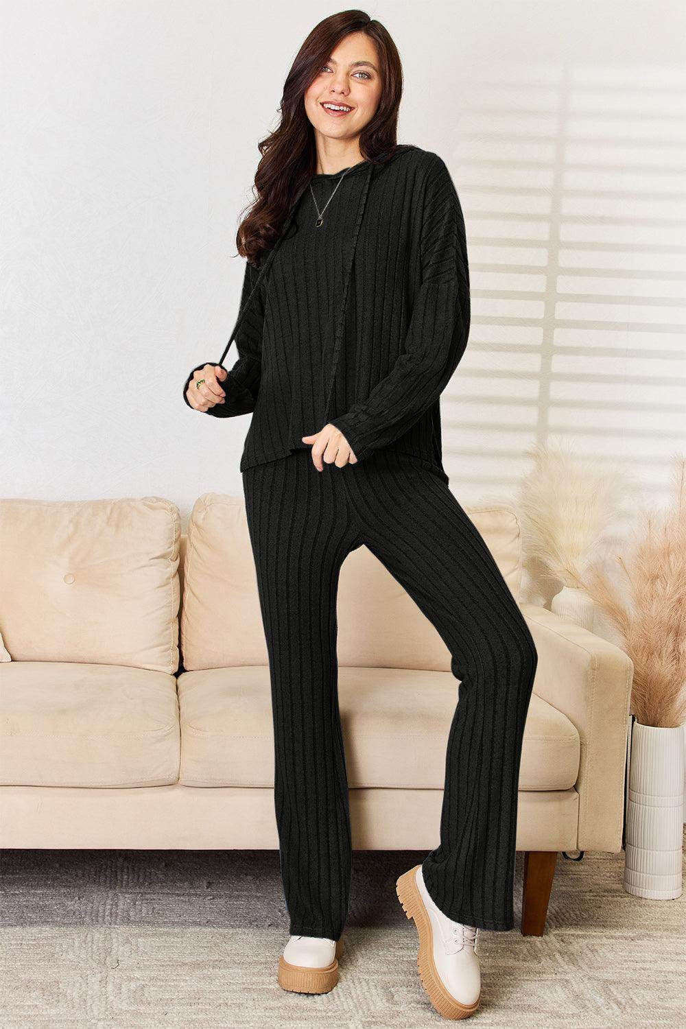 Basic Bae Full Size Ribbed Drawstring Hooded Top Set