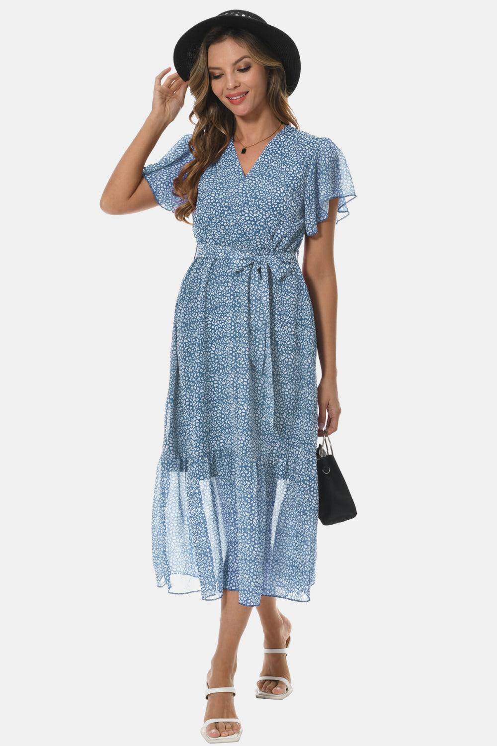 Surplice Neck Flutter Sleeve Tied Dress for Chic Style