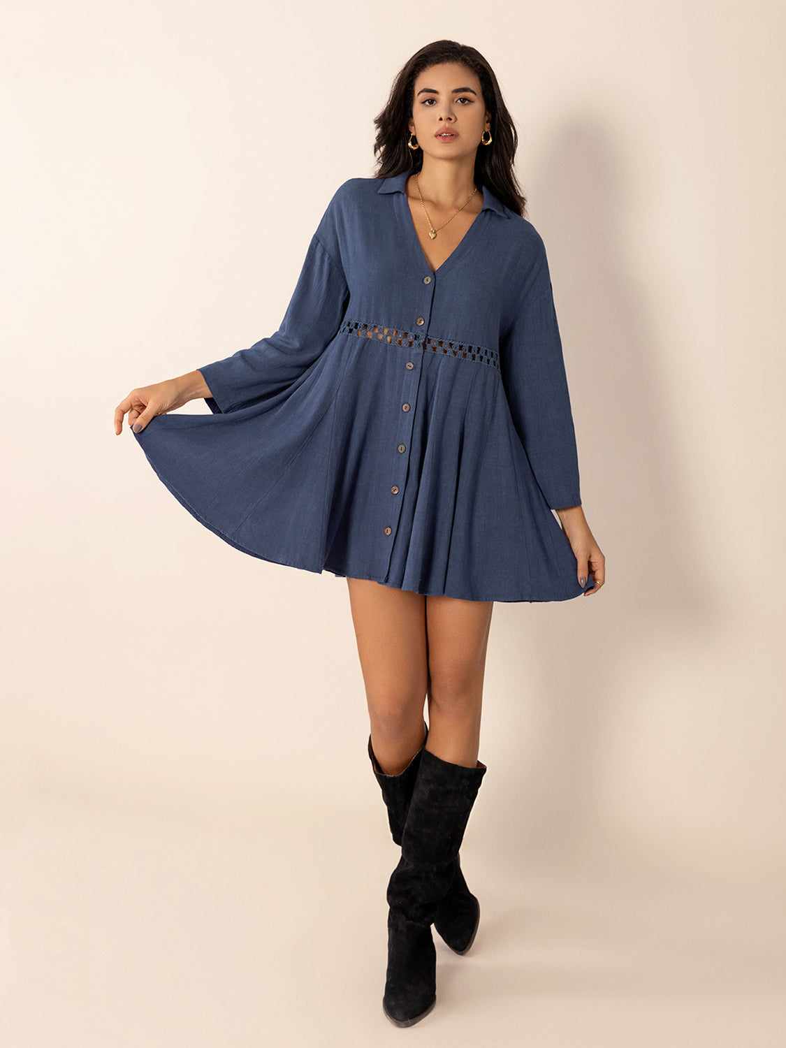 Dusty Blue Long Sleeve Mini Dress Elegant Cutout &amp; Buttoned Design Lightweight Women Dress