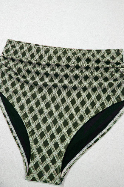 Dotted Mesh Plaid Patchwork High Waisted Swim Set