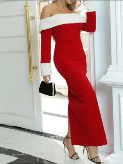 Off-Shoulder Long Sleeve Christmas Maxi Dress
