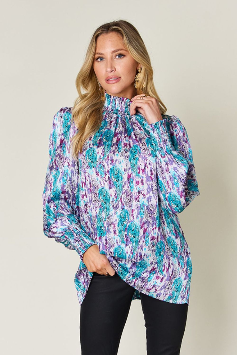 Semi-Sheer Smocked Top with Long Sleeves &amp; Frills