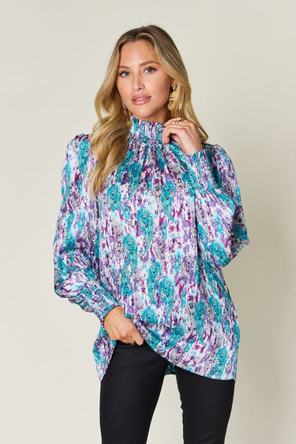 Semi-Sheer Smocked Top with Long Sleeves &amp; Frills