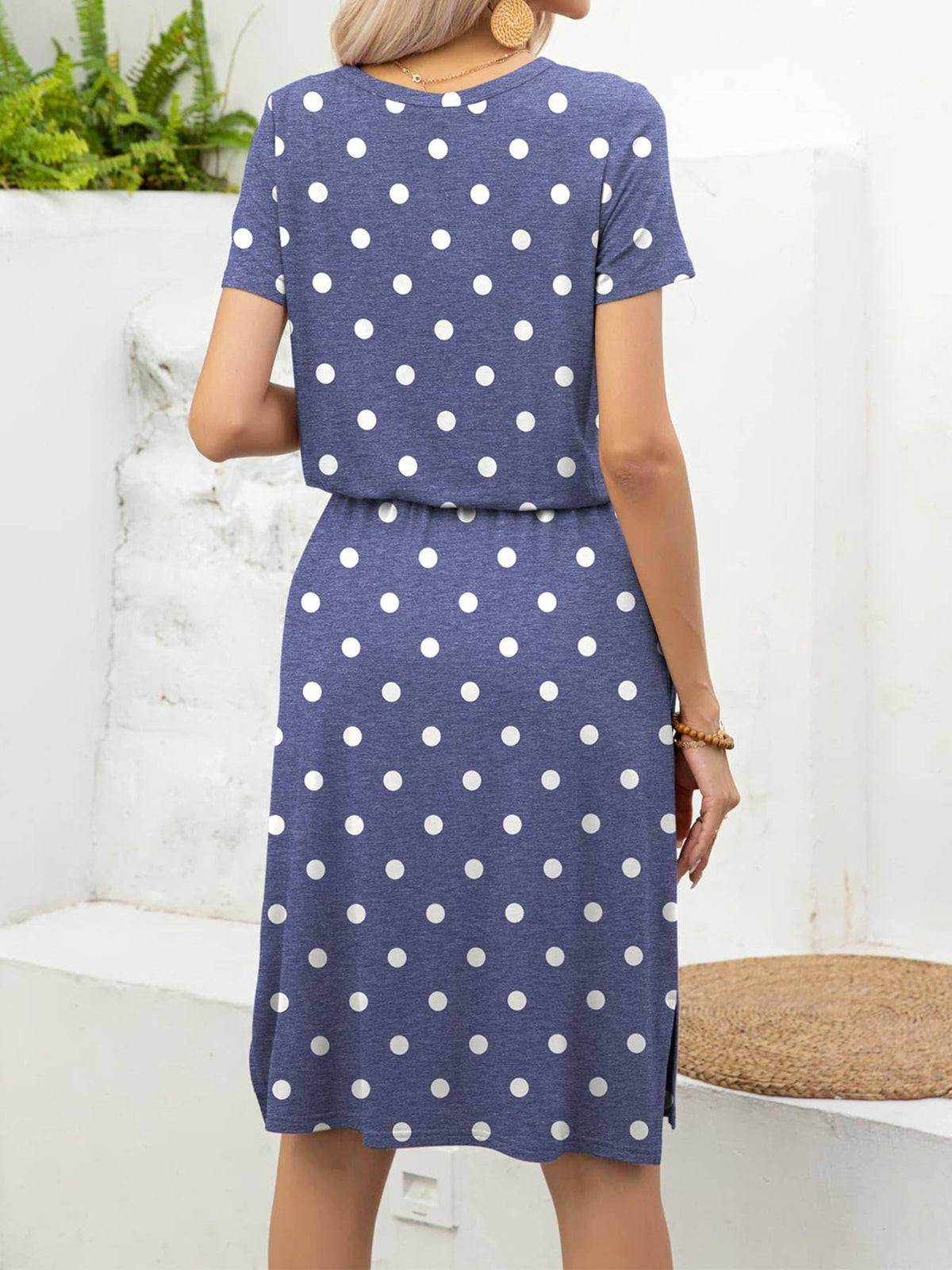 Round Neck Short Sleeve Slit Dress with Pockets for Women