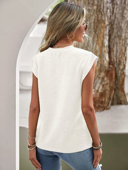 Textured Round Neck Cap Sleeve Top